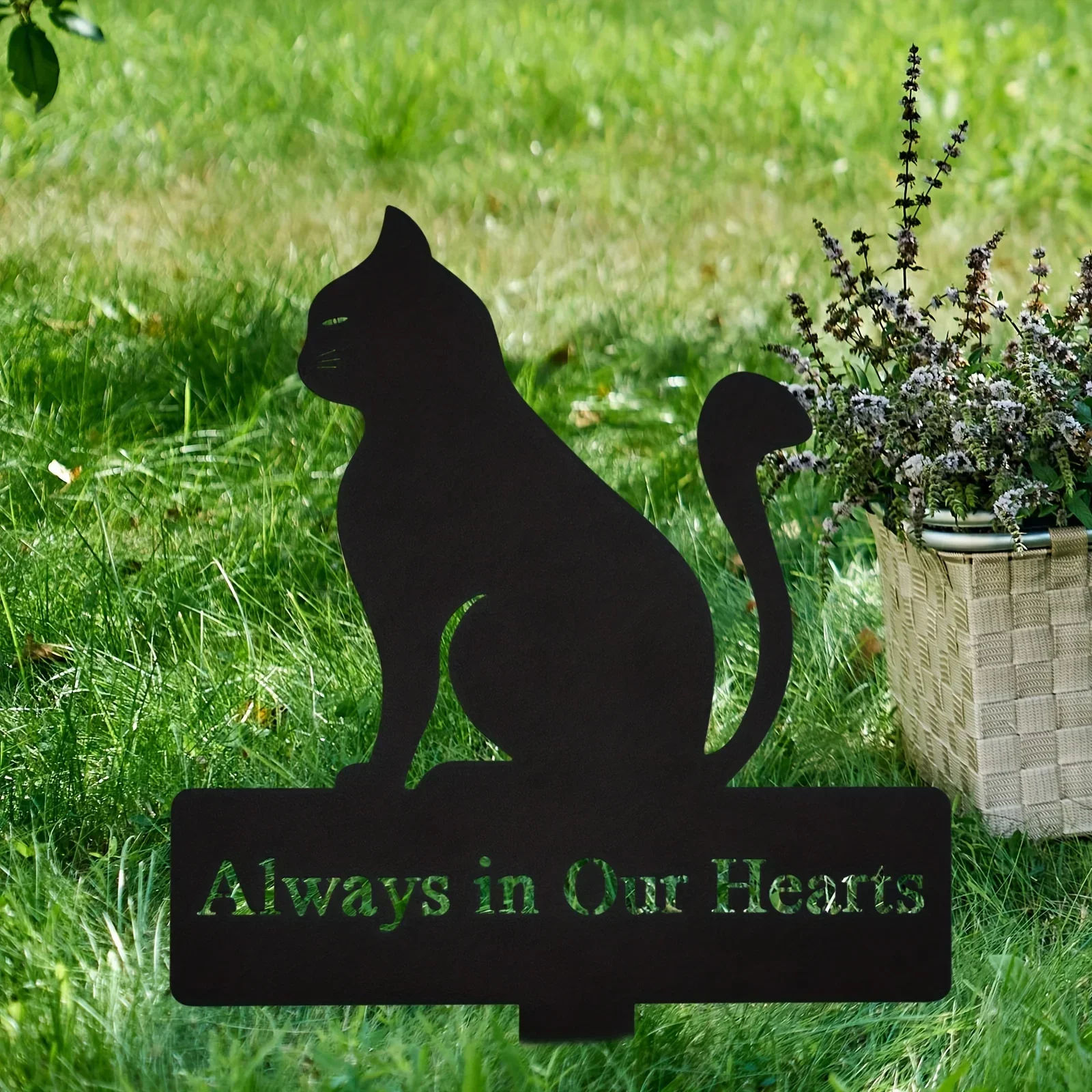 

Cat Metal Grave Marker, Always In Our Hearts Memorial Stake Insert Cemetery Decor for Grave, Sympathy Funeral, Easter