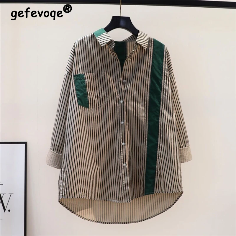 2023 Frauen Retro gestreiften Patchwork übergroße Streetwear Shirts trend ige Langarm unregelmäßige Blusen Tunika Tops y2k ropa de mujer