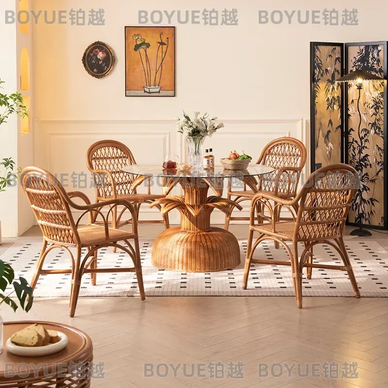 Natural Rattan Dining Table and 4 Chairs Set Wabi Sabi Style Indonesian Plant Fiber Small Apartment Home Furniture