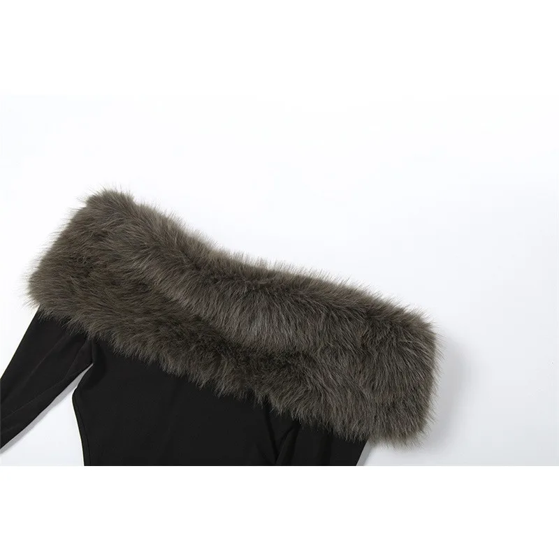 ملابس داخلية أنيقة ضيقة لخريف وشتاء 2025 بدون أكتاف من الفرو ملابس نسائية برقبة مائلة وأكمام طويلة بدون ظهر ضيقة للشارع