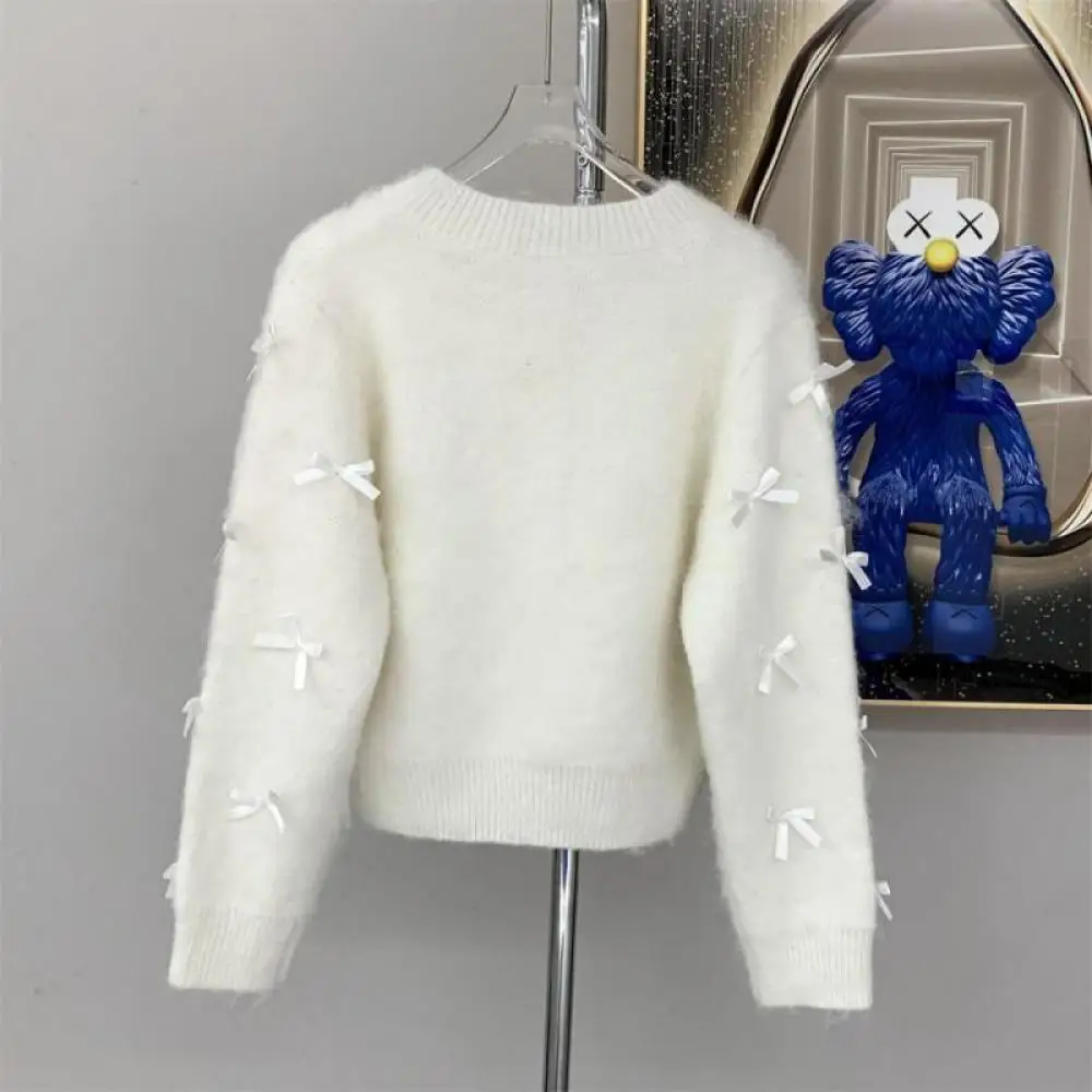 Korean Women 3D Bow Decoration Mohair Cardigans Grey White Sweater New Elegant Knitwear Tops 2023 Winter Fashion Clothes