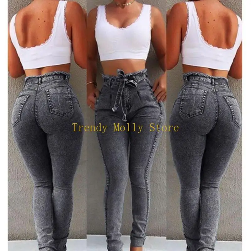 N5KB Mulheres borla Fringe Tassels High Stretch Skinny Jeans Bodycon Lápis Ponta crava faixas faixas