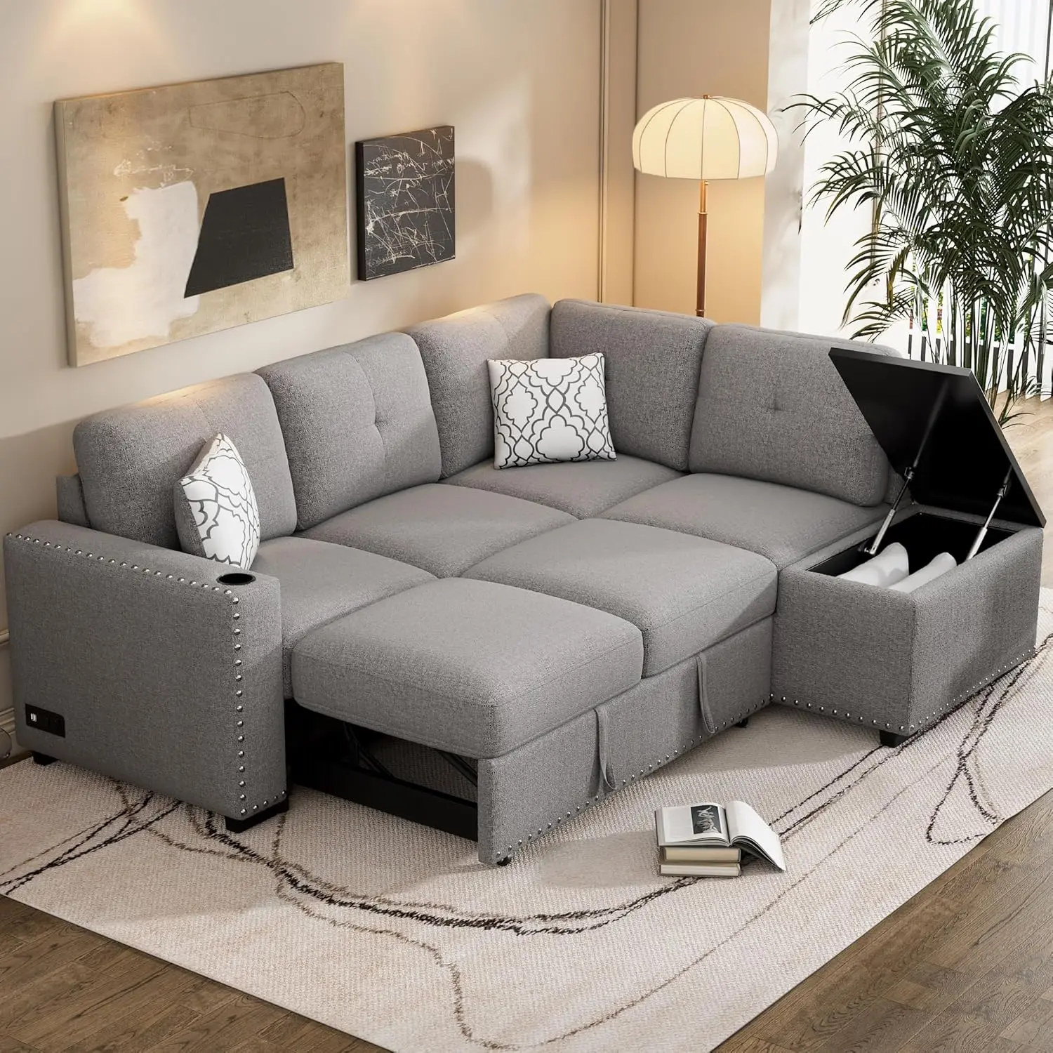 Modern Upholstered L-Shaped Corner Sofa Couch With Storage Chaise And Cup Holde, 83.8