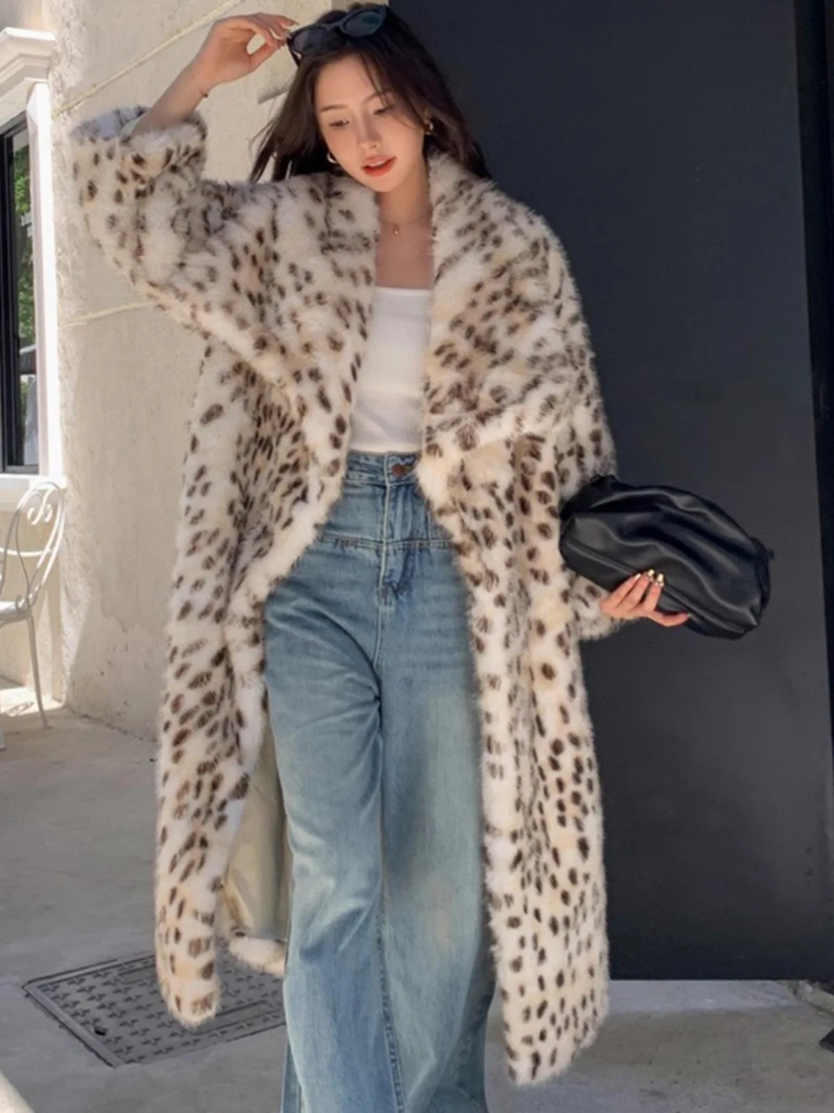 Leopard Print Imitation Fur Coat Women\'s Large Lapel Loose Imitation Fox Fur Coat Autumn and Winter Thickened Long Mink Fur Coat