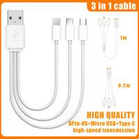 【Fast Ship】0.22M/1M USB 3 In 1 Short Fast Charging Cable Data Cable Compatible for Micro Usb/iPhone/Type C Phone Charger Cord