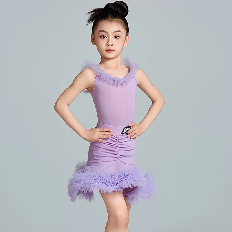 Terno de dança latina crianças azul verão competição vestido babados saia menina desempenho wear cha cha rumba traje palco vdl3411