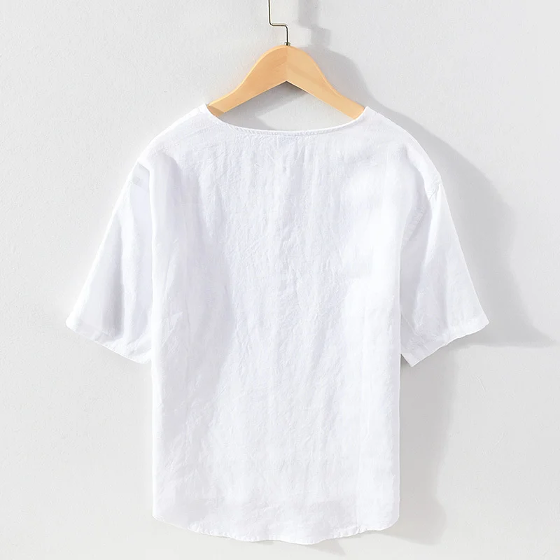 100% Linen Men\'s Short Sleeve Tshirt Sold Color Thin Stand Collar Pullover Tops Tee Casual Summer Comfortable T Shirt For Man