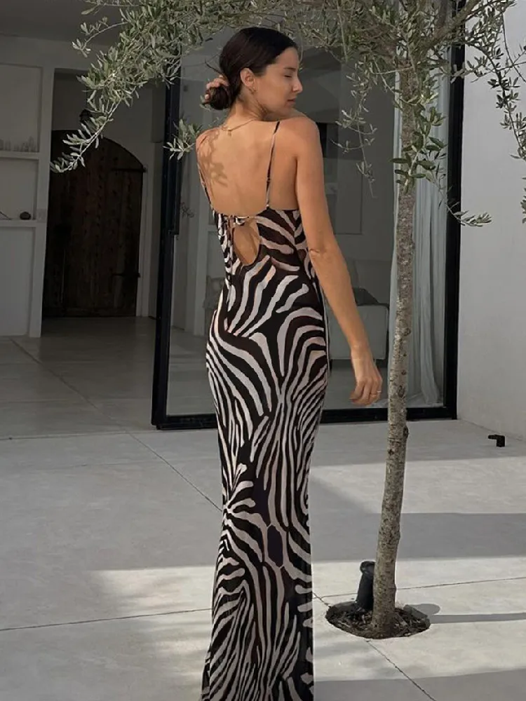 Chiffon Zebra Print Beach Dress Women Sexy See Through Sim Long Party Dresses Summer Spaghetti Strap Backless Holiday Dress 2024