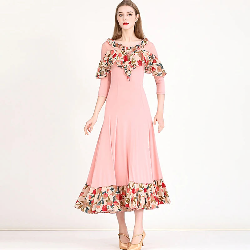 

Mid-Sleeve Standard Dance Dress Competition V-Neck Waltz dress Print Pink Ruffled Flamenco Ballroom