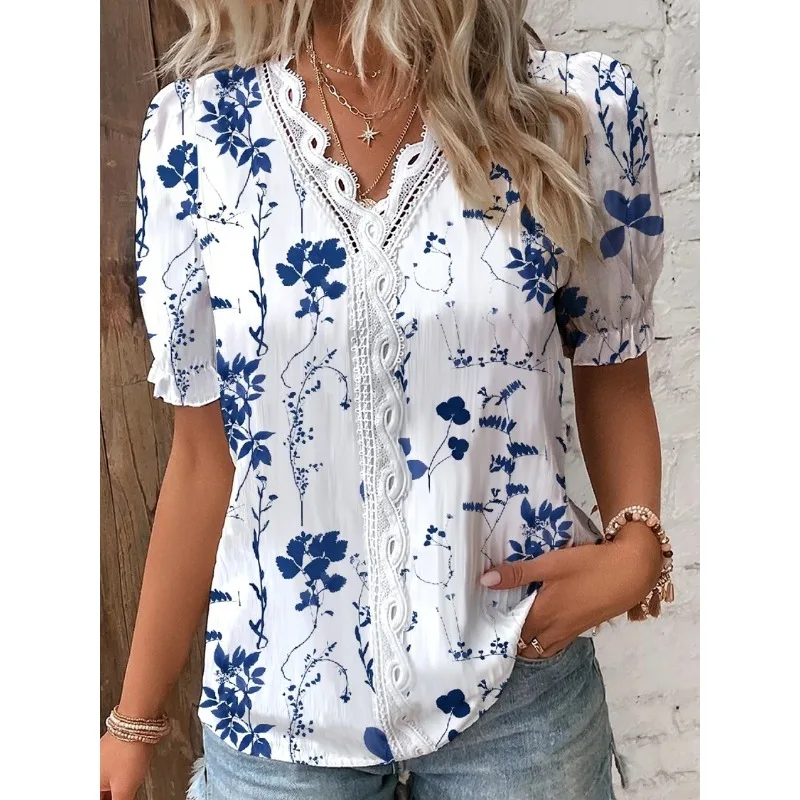 Summer Women\'s Commuting Short Sleeved Shirt Fashionable V-neck Lace Patchwork Printed Shirt Casual Holiday Women\'s Shirt