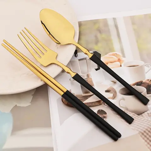 12 पीस काला सोना स्टेनलेस स्टील डिनरवेयर सेट कमर कांटा चम्मच चॉपस्टिक टेबलवेयर सेट मिरर वेस्टर्न किचन पार्टी फ्लैटवेयर 8 best sales डिनरवेयर सेट - №8