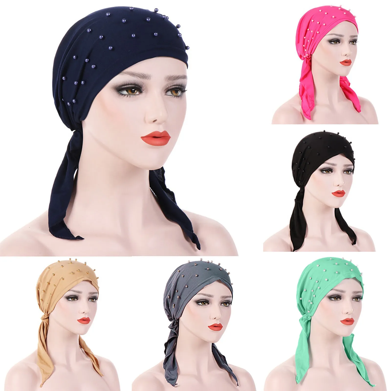 

New Solid Color Elastic Modal Muslim Turban Hat with BeadingIslamic Underscarf Bonnet India Hat Female Headwrap Turbante Mujer
