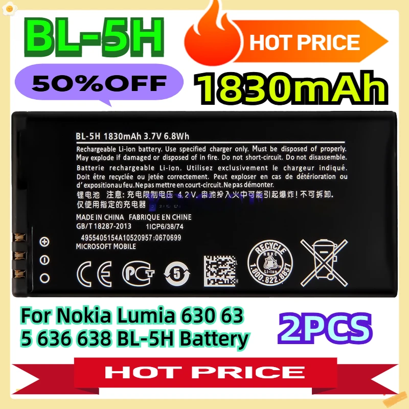 

For Nokia Lumia 630 635 636 638 BL-5H Battery 1830mAh 2pcs