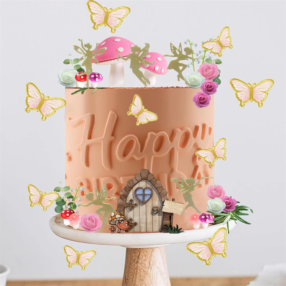 39pcs Fairy Cake Toppers Golden Fairy Butterfly Cake Toppers Mushroom Cake Toppers Girls Birthday Baby Shower Party Supplies