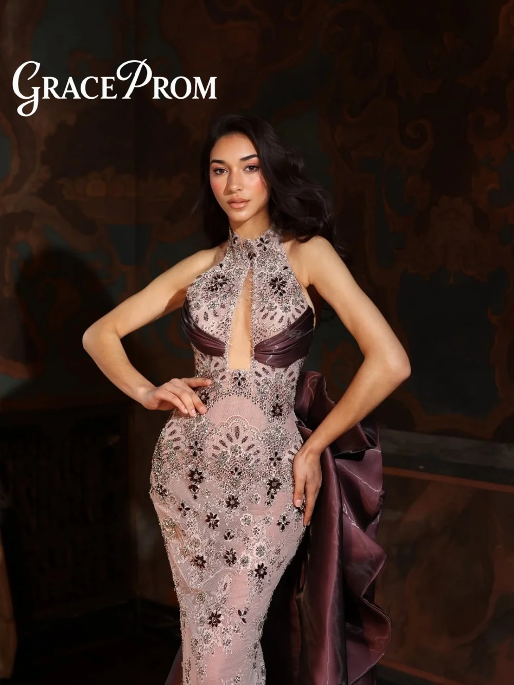 

Вечернее платье GraceProm с воротником-халтером и накидкой, элегантное, с цветочным узором и бисером, длинное, для выпускного вечера, Robes De Soirée