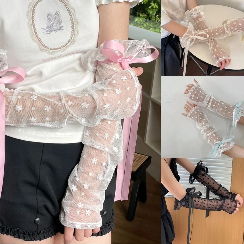 

Women Lace Floral Fingerless Gloves Sweet Ribbon Sunproof Arm Cover Decorative Sleeves Lolita Girl Summer Elbow Length Mittens