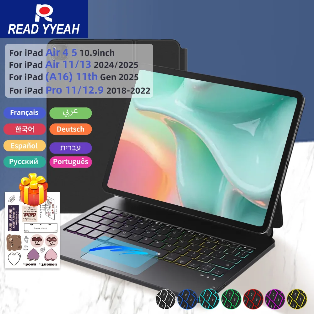 

Клавиатура с волшебной подсветкой для iPad A16 2025 Bluetooth-клавиатура для iPad Pro 11 12,9 13 Air 4 5 10,9 дюйма Чехол для iPad Беспроводная клавиатура