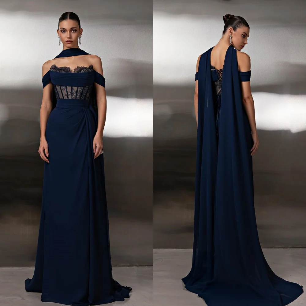 

Customized Matching Sexy Jersey Lace Pleat Straight Off-the-shoulder Long Dresses Bespoke Occasion Dresses Exquisite Elegant