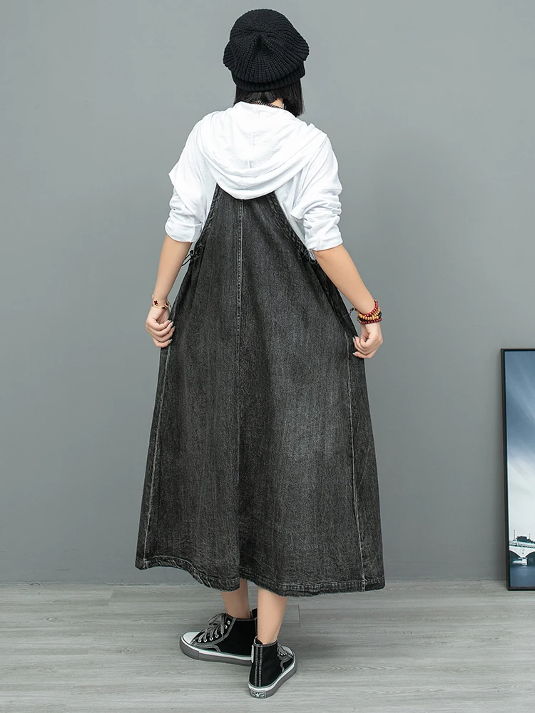 Vintage Irregular Splicing Denim Suspender Skirt 2024 Autumn High Waist Dress Women LX2080