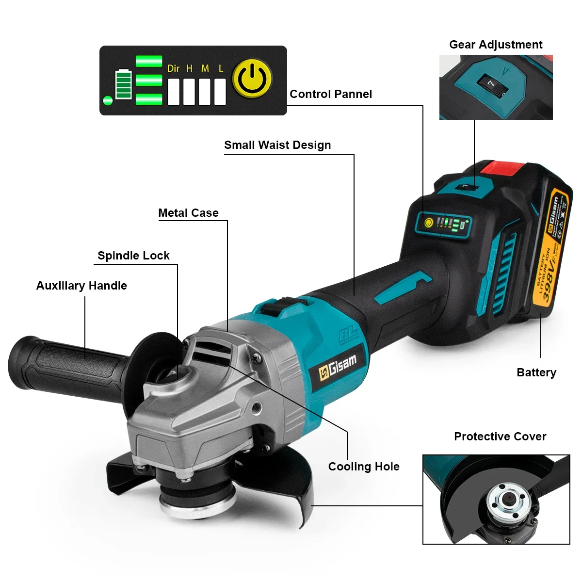 Smerigliatrice angolare senza spazzole M14 da 125 mm 7 marce Rettificatrice a batteria Taglio Utensili elettrici per la lavorazione del legno per batteria Makita 18V