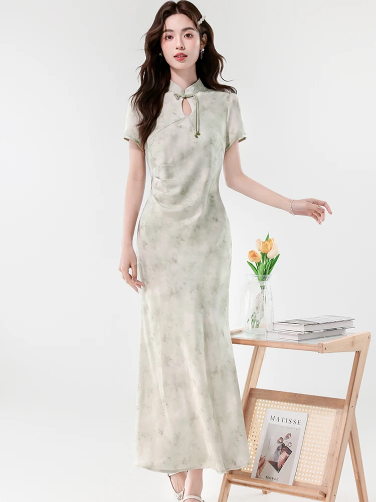 Zomer Groene Print Stand Kraag Cheongsam Jurk Vrouwen Elegante Luxe Verstoorde Maxi Jurk 2025, Koreaanse Vintage Bodycon Feestjurk