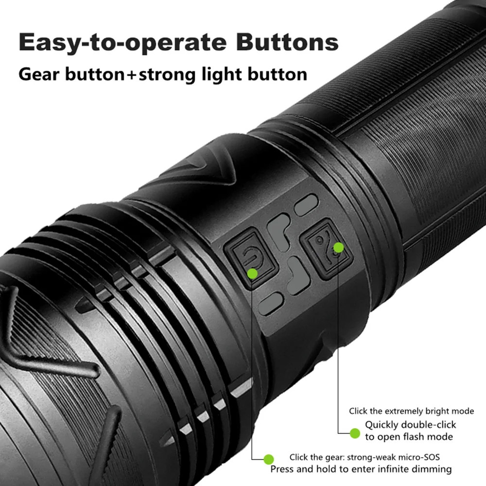 KDULIT Powerful LED Flashlight Rechargeable Zoom Torch Built In Battery 10000Mah Emergency Camping Lantern Outdoor Flashlight