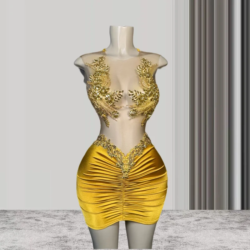 Robe de Cocktail Africaine Dorée et Transparente pour Femme Noire, Tenue de ixd\'Anniversaire Personnalisée avec Perles