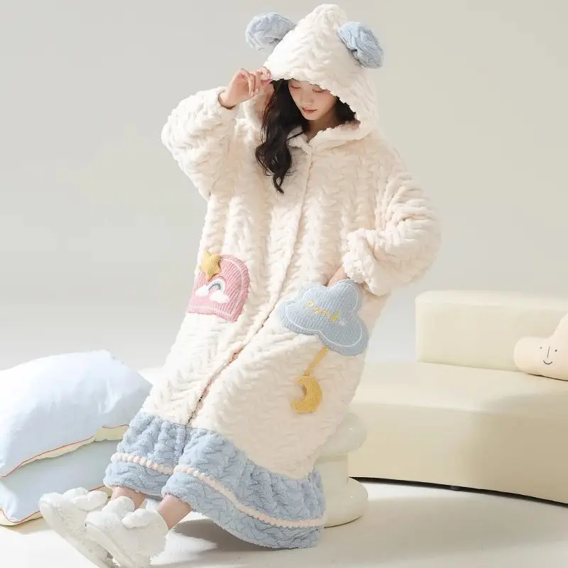 Big Size Sleepwear Flannel Robes Warm Bathrobe Women Long Sleeve Thick Loungewear Hooded Coral Fleece Cardigan Kawaii Clothes