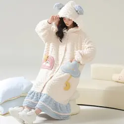 Big Size Sleepwear Flannel Robes Warm Bathrobe Women Long Sleeve Thick Loungewear Hooded Coral Fleece Cardigan Kawaii Clothes