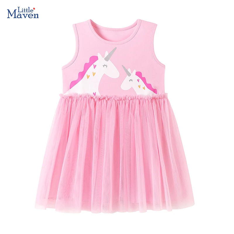 Little Maven Sommerkleid Kinderkleidung Baby Mädchen 2026 Neu Cartoon Einhorn Prinzessin Kinderbekleidung Mesh-Kleider 2-7 Jahre