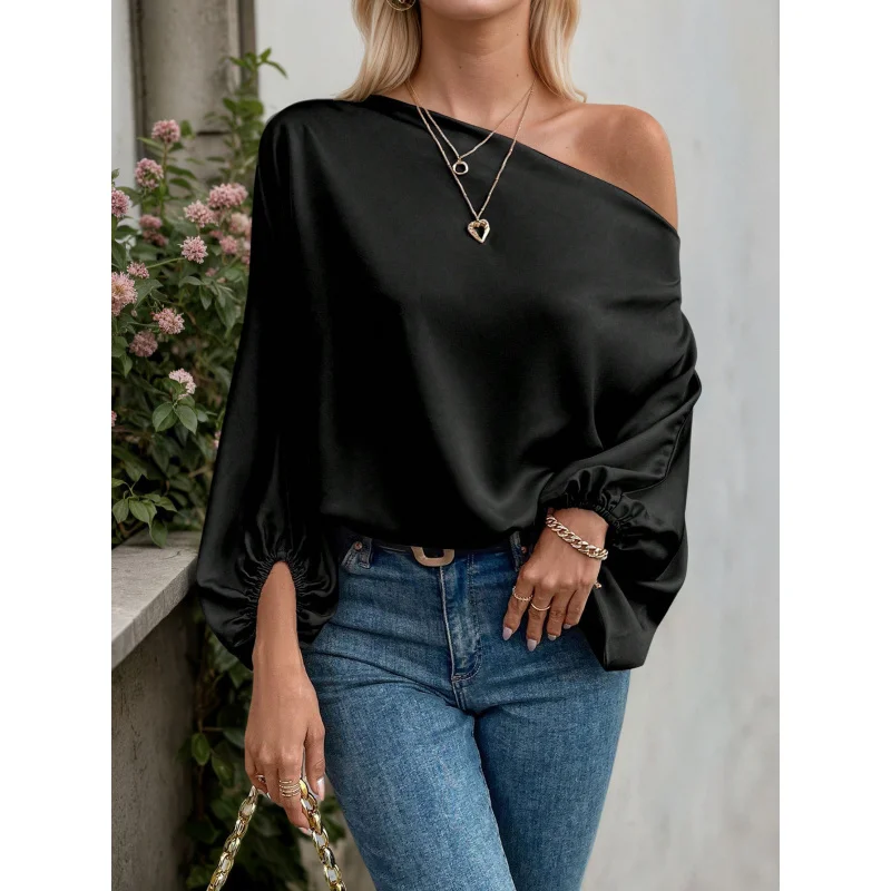 

YQ1-2025Новый женский пуловер с открытыми плечами и асимметричным вырезом, расклешенными рукавами, повседневный однотонный свободный топ