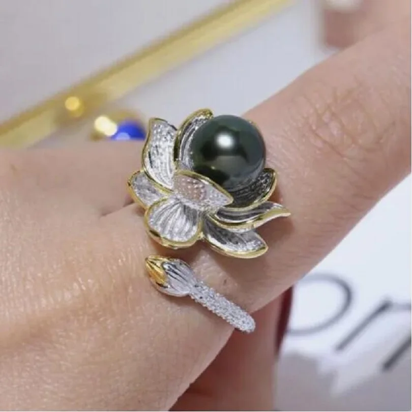 

Perfect Round AAAA+++ 10-11 mm South Sea Black Pearl Ring 925s