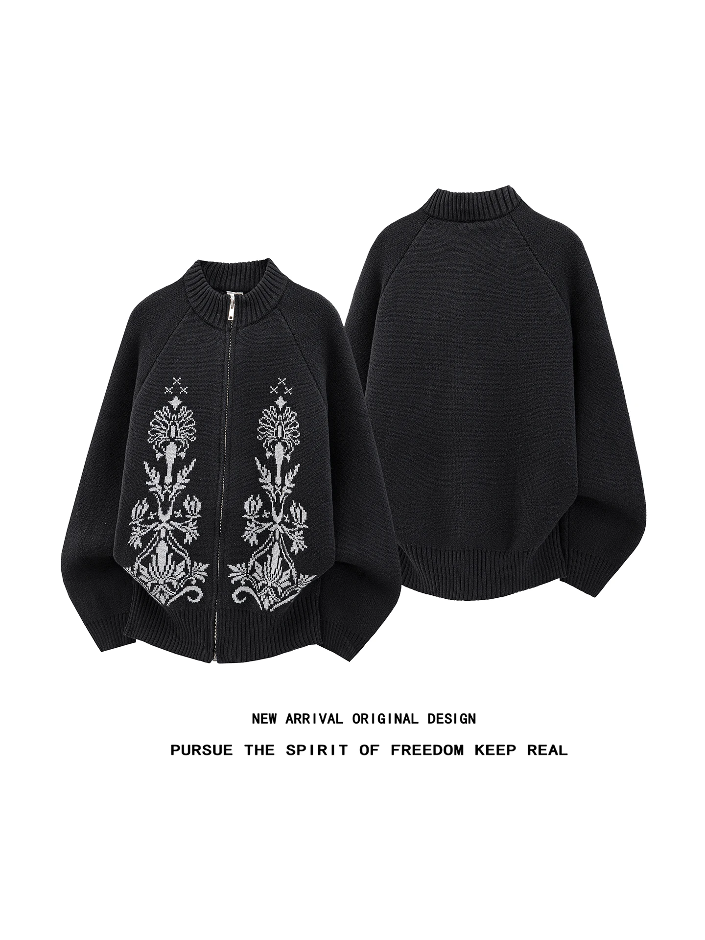 Black Floral Embroidery Open Cardigan Knitted Sweater Men's Loose Casual Vintage Stand Collar All-Match Top for Autumn Winter