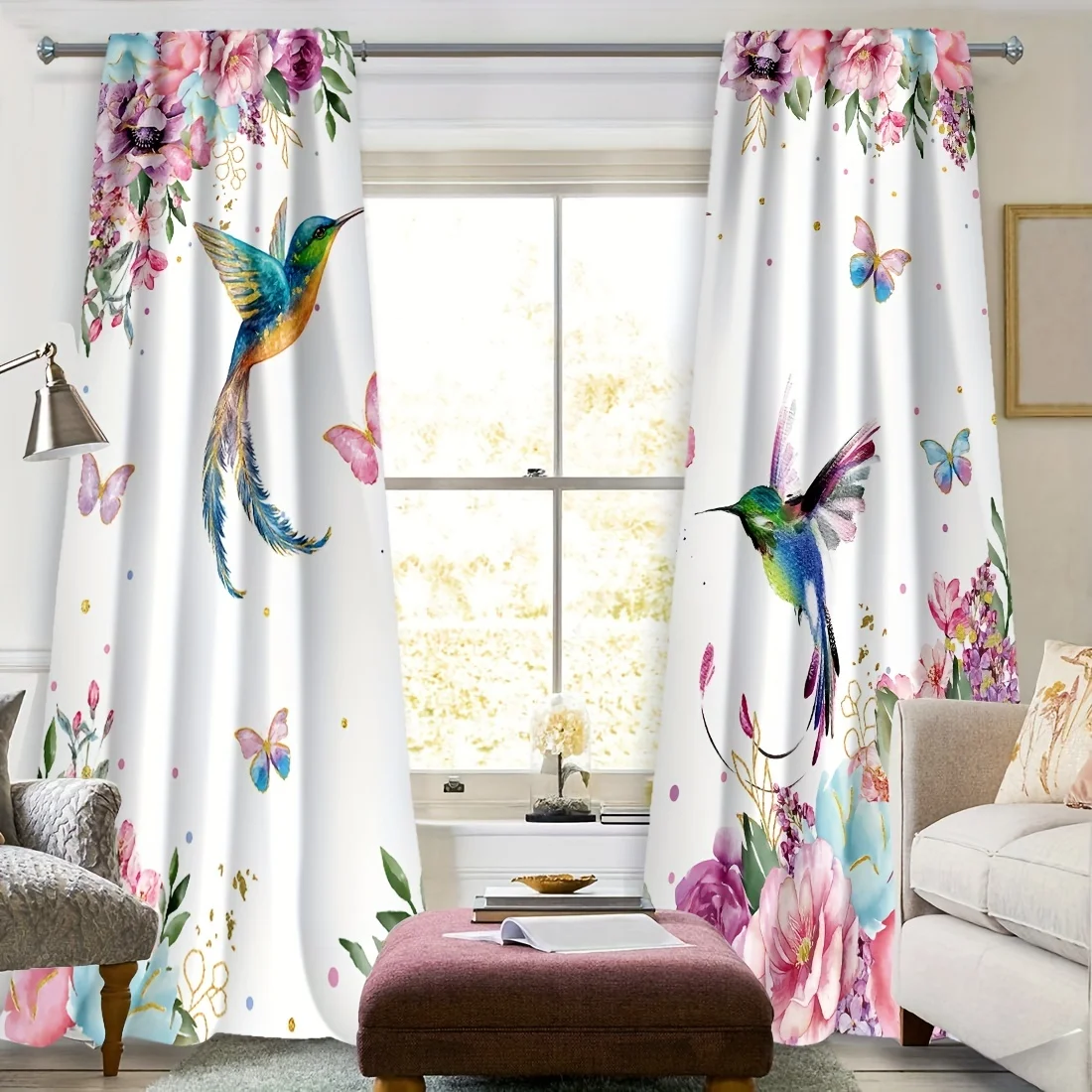 2pcs Flower Lily Birds Printed Curtains Rod Pocket Curtain Suitable For Kitchen Bedroom Study Cafe Living Room Home Decor