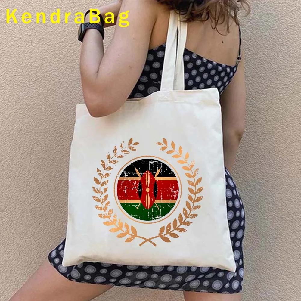 Kenya Coat of Arms Flag Map Retro Giraffe Kenya Landscape Kenyan Girl Love Heart Canvas Shoulder Tote Bag Shopper Cotton Handbag