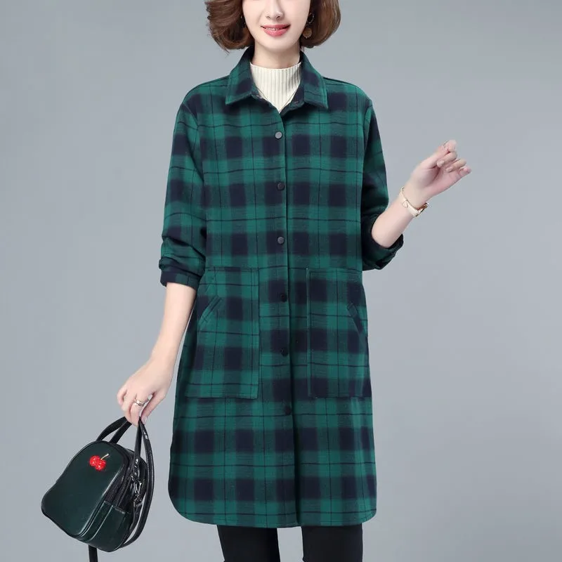 Winter Shirts Warm Tops Women Long Sleeve Vintage Thick Shirt Long Outerwear Female Turn-down Collar Plaid Thicken Blouse NS5518