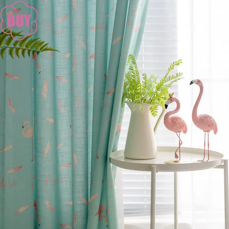 

Nordic Curtains for Living Dining Room Bedroom Mint Green Flamingo Cotton Linen Semi-shading Children's Room Curtain Custom