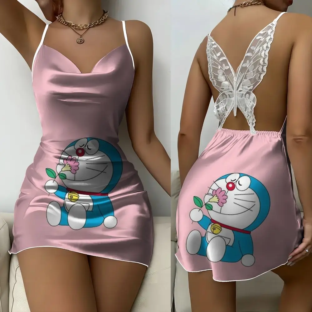 2024 New 3D Doraemon printed silk surface Mini skirt Butterfly decorative nightgown skirt halter women's dress Cute sexy ladies