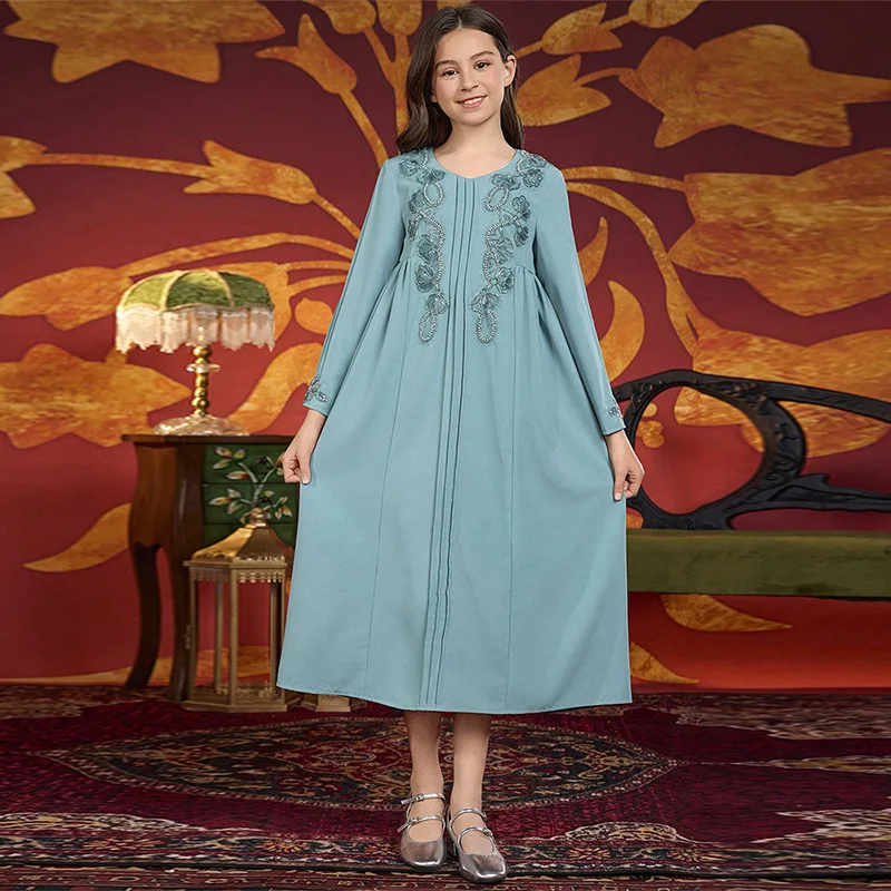 

Morocco Muslim Kids Girls Embroidery Maxi Dress Robe Ramadan Eid Djellaba Islamic Children Clothing Arabic Abaya Turkey Kaftan