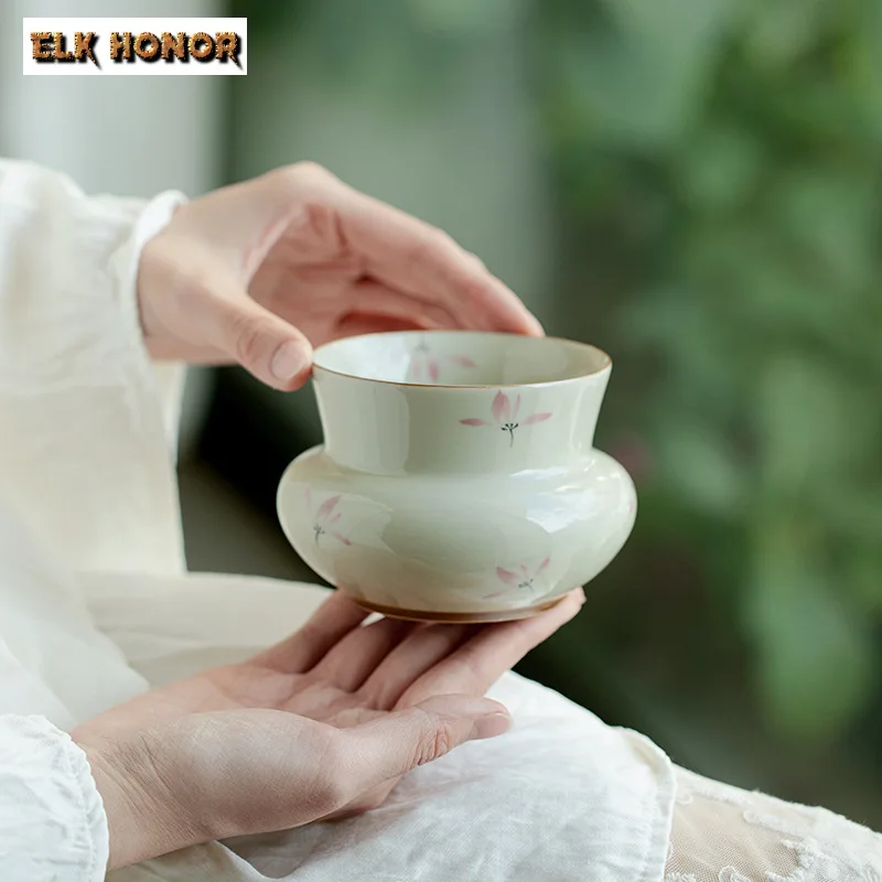 470ml Retro Plant Gray Ceramic Tea Dregs Tank Pure Hand-painted Pink Orchid Round Jian Shui Tea Residue Bucket Hydroponic Vase