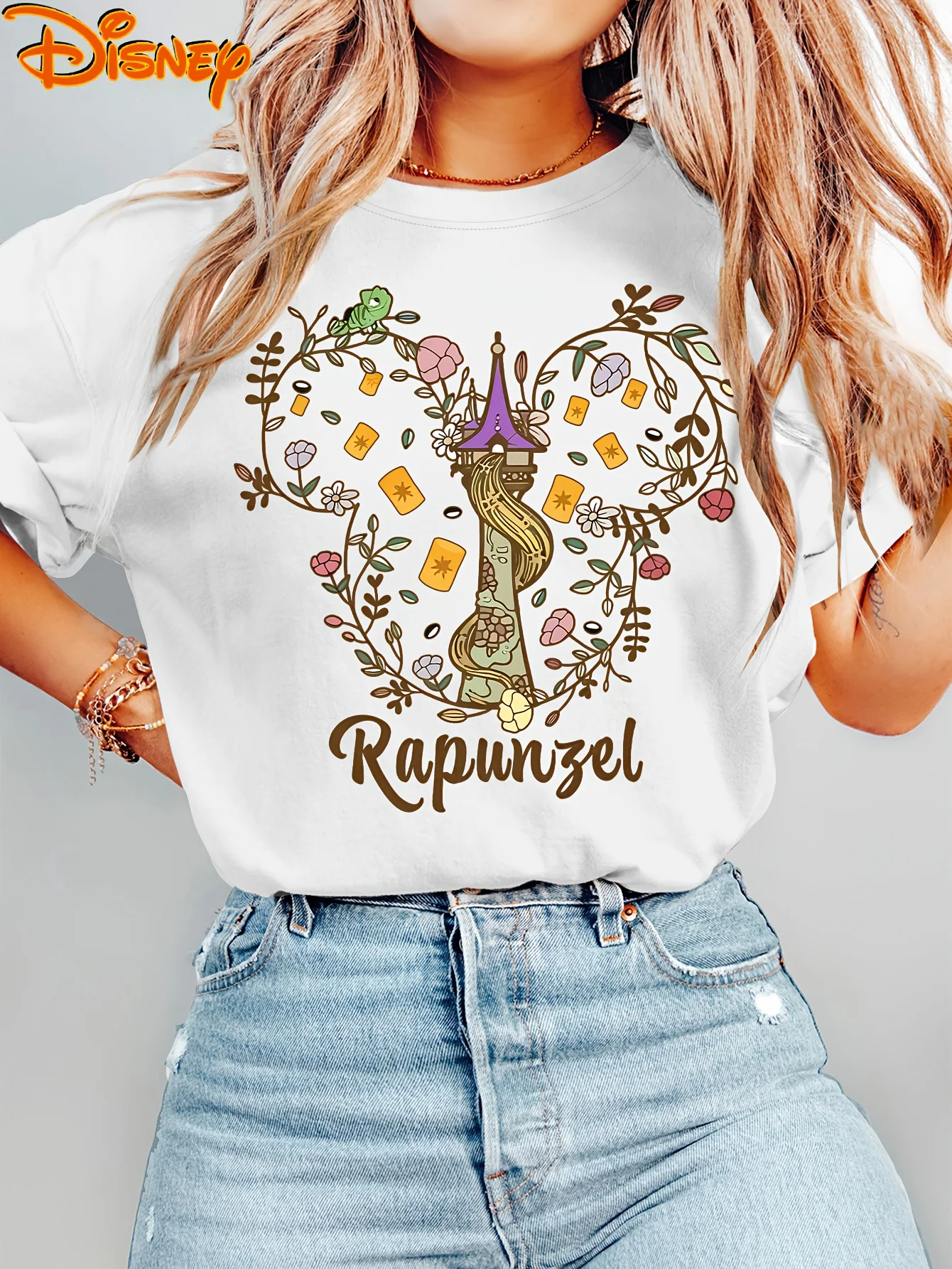 

2025 Disney Pattern Printed Women's Casual Comfortable Unique Smiling Face Black Round Neck Short Sleeve T-shirt