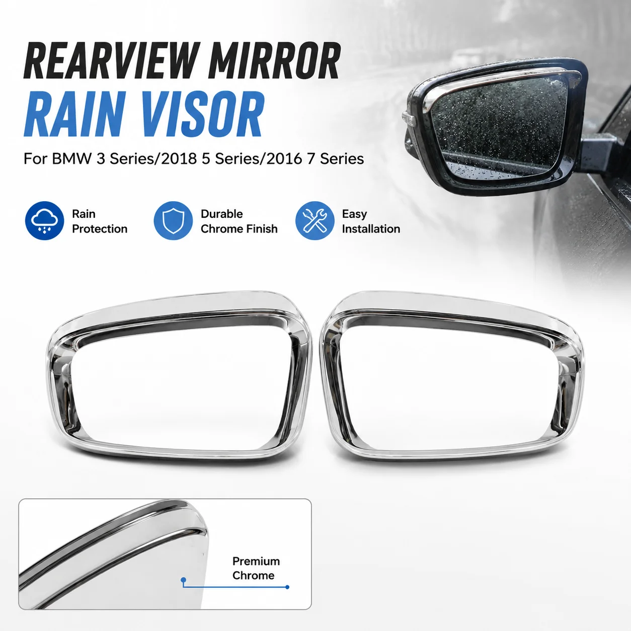 Chrome Rearview Mirror Rain Visor, 2pcs, for BMW 3 Series/2018 5 Series/2016 7 Series