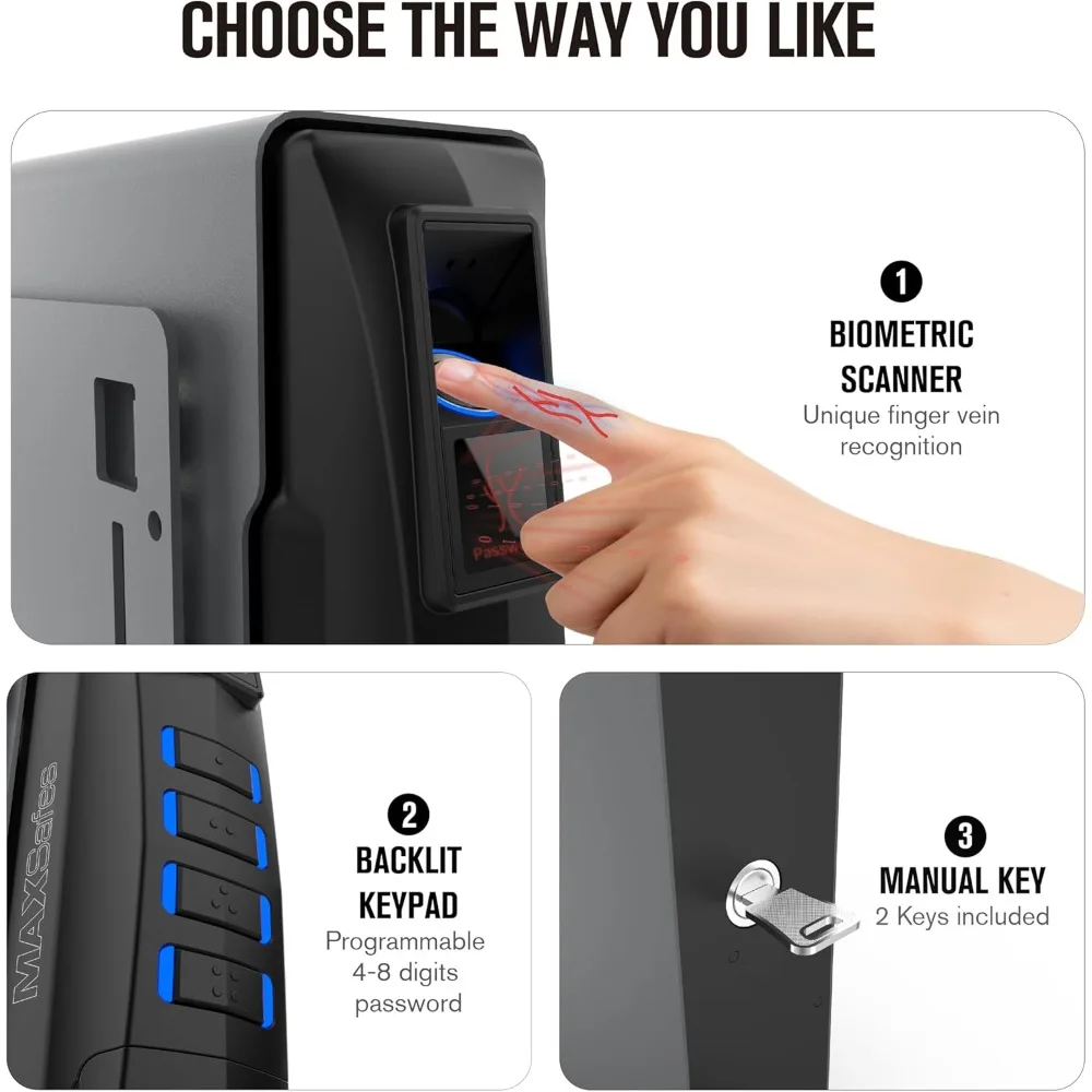 Caja fuerte biométrica para pistola deslizante para escritorio, mesita de noche, modo silencioso de viaje, caja fuerte para pistola de mano con puerta corredera automática para reconocimiento de venas de los dedos