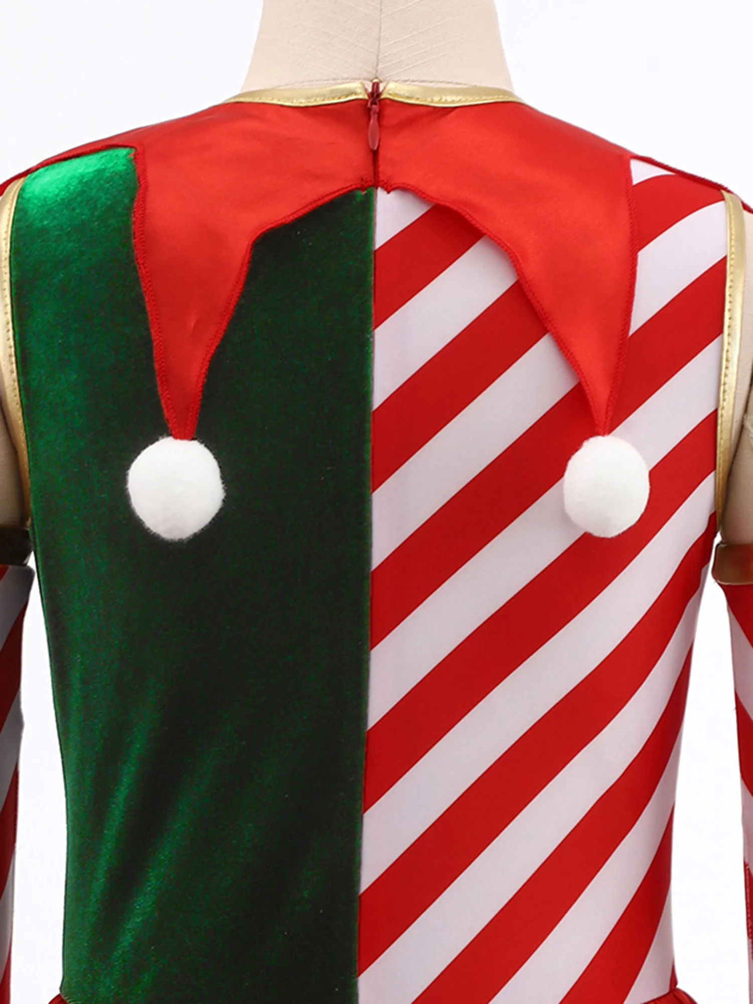 Disfraces de rayas de elfo de Navidad para niños y niñas, leotardo, ropa de actuación de JazzDance, mono superpuesto con volantes en la cintura con pompones sin mangas