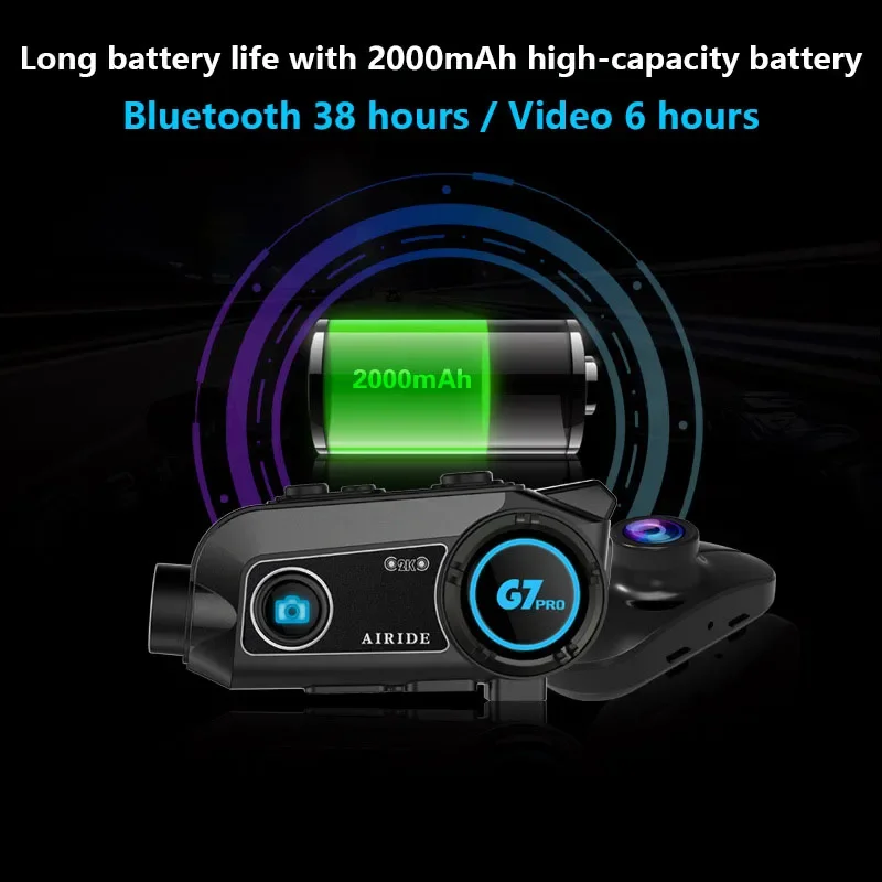 AIRIDE G7 PRO Helmet Bluetooth Headset for Motorcycles Front and Rear Dual 2K Camera Driving Recorder Wireless Intercom Earphone