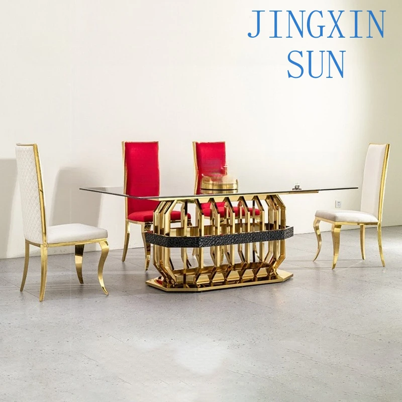 Glass rectangular stainless steel dining table and chair set dining table set