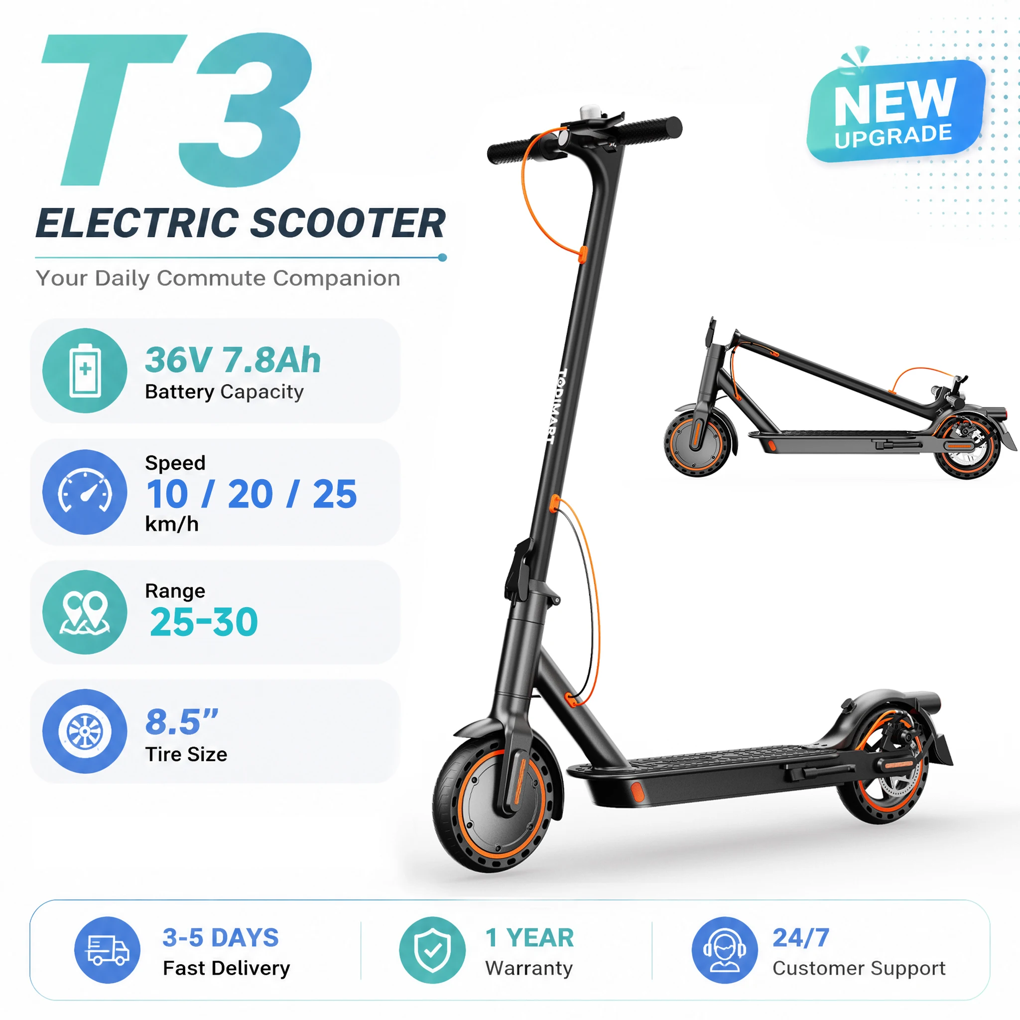 Patinete eléctrico Todimart T3 para adultos, batería de 36 V y 7,8 Ah, autonomía de 25 km, neumáticos macizos de 8,5 pulgadas con diseño de