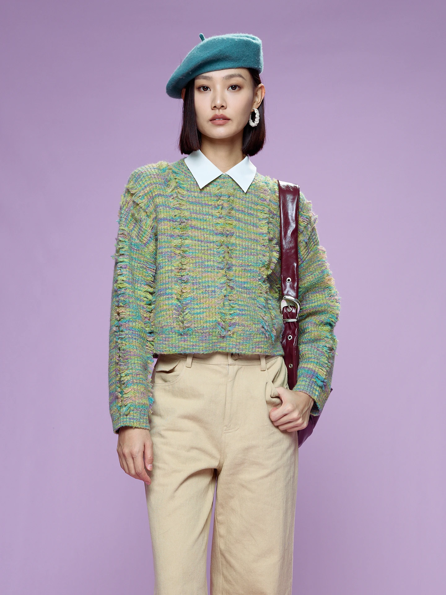 

Женский вязаный свитер Fay-Fayee с асимметричным подолом и бахромой, весна 2026, японский стиль, длинный рукав, круглый вырез, укороченная длина