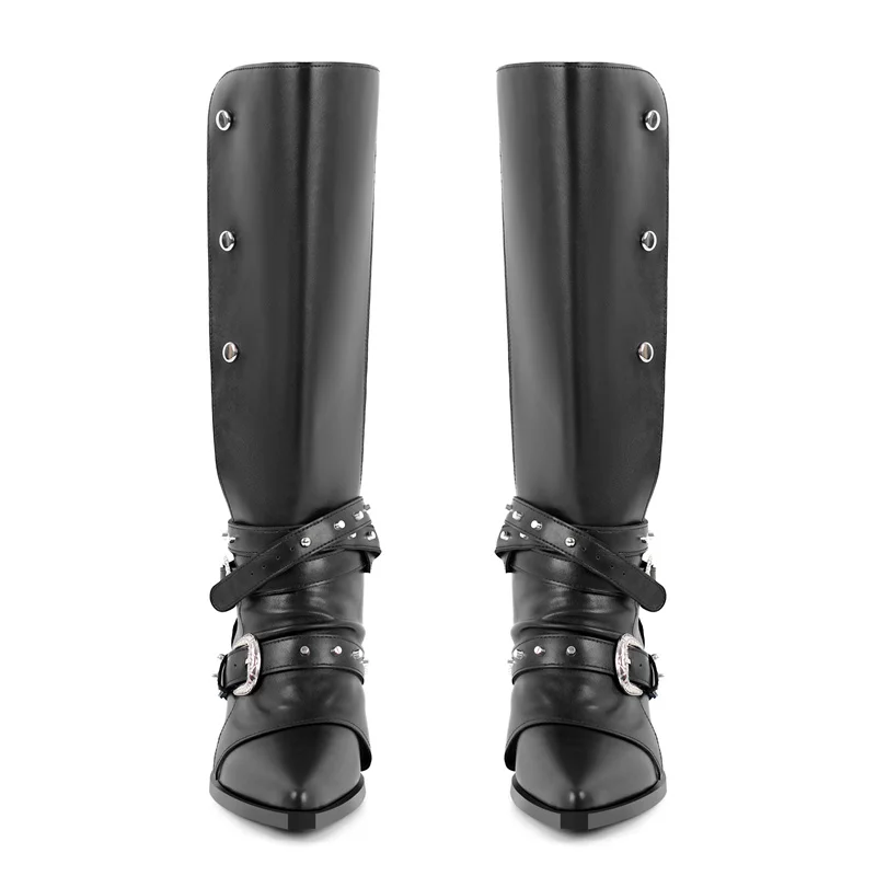 Onlymaker Women Pointed Toe Black Buckle Block Heel Knee High Boots