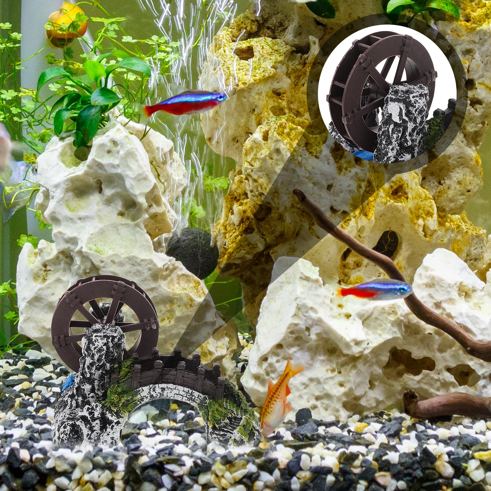 

Miniature Simulation Rockery Water Wheel Bridge Vintage Statue Fish Tank Landscape Ornament Aquarium Supplies Micro-Scene Decor